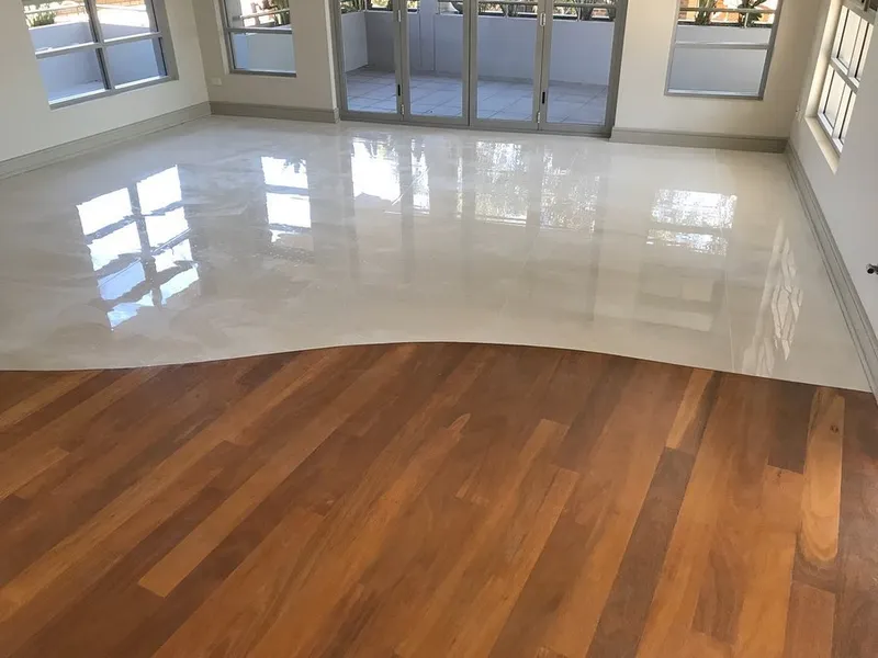 Large format polished marble-look floor tiles